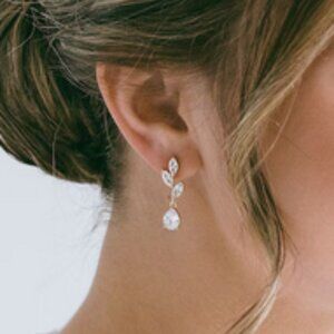 Crystal Leaf Drop Earrings, Wedding Bridesmaid CZ Earrings